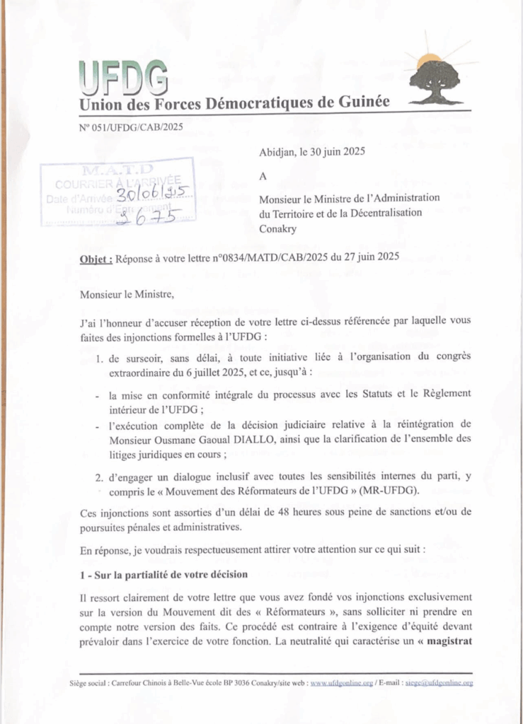 image-122-739x1024 Guinée : L'UFDG vient de répondre au ministère de l'Administration du Territoire de la Décentralisation (MATAD).
