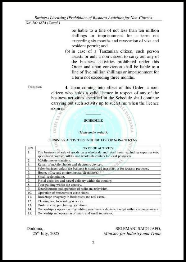 image-119 Tanzanie : Les étrangers ne peuvent pas créer de petites entreprises dans certains domaines.