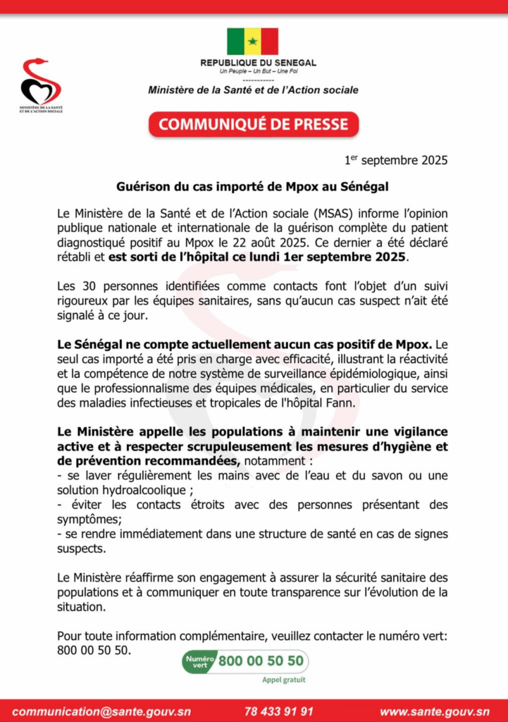 image-1-721x1024 Dakar (Sénégal ) : le ministère de la Santé annonce la guérison du seul cas de Mpox identifié sur le territoire national.