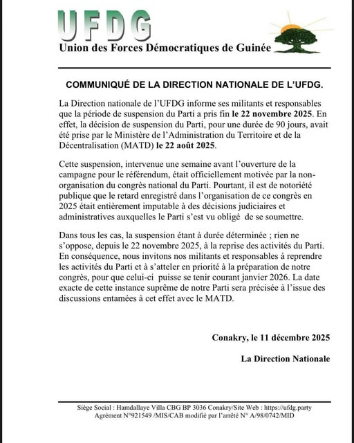 image-81 Conakry (Guinée) : L'UFDG annonce la fin de sa suspension de 90 jours par le MATD, le 22 novembre 2025.