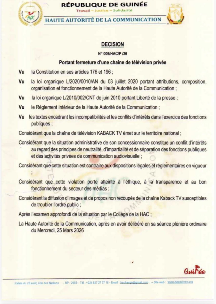 image-146-729x1024 Conakry (Guinée) : La Haute Autorité de la Communication (HAC) a ordonné ce mercredi la fermeture immédiate de KABACK TV ainsi que de l'ensemble de ses plateformes numériques.