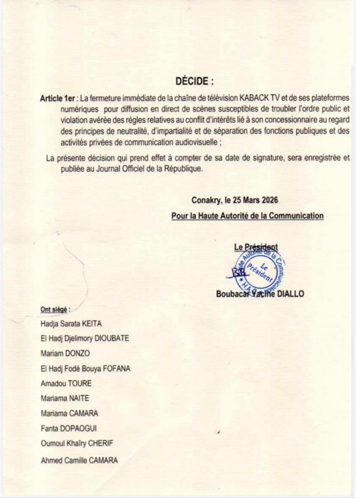 image-148-732x1024 Conakry (Guinée) : La Haute Autorité de la Communication (HAC) a ordonné ce mercredi la fermeture immédiate de KABACK TV ainsi que de l'ensemble de ses plateformes numériques.