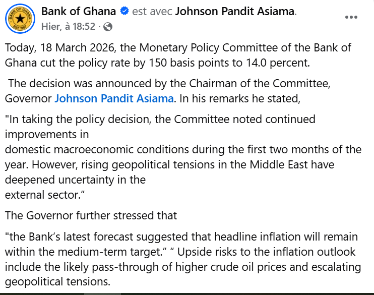 image-97 Accra (Ghana) : La Banque centrale réduit son taux directeur de 150 points de base pour stimuler la croissance malgré les risques géopolitiques.