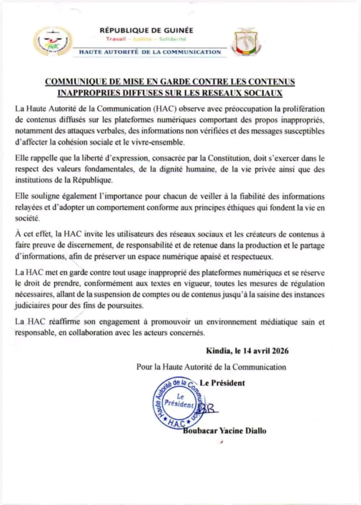 image-100-732x1024 Conakry (Guinée) / La Haute Autorité de la Communication (HAC) lance une alerte et une menace formelle concernant l'usage inapproprié des réseaux sociaux, publiant une mise en garde officielle contre les dérives numériques observées.
