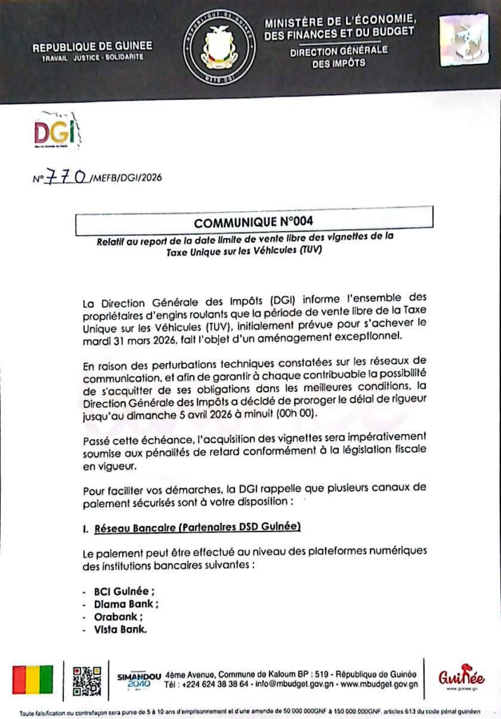 image-13-714x1024 Conakry (Guinée) / Communiqué Urgent de la Direction Générale des Impôts (DGI) : Report de la Date Limite de la Taxe Unique sur les Véhicules (TUV).