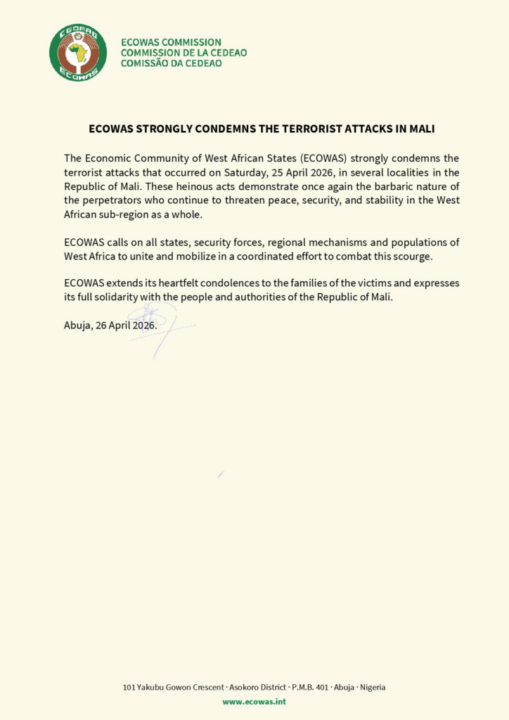 image-165-724x1024 LA COMMUNAUTÉ ÉCONOMIQUE DES ÉTATS DE L'AFRIQUE DE L'OUEST (CEDEAO) CONDAMNE FERMEMENT LES ATTAQUES TERRORISTES PERPÉTRÉES CE SAMEDI 25 AVRIL 2026 SUR LE TERRITOIRE DU MALI.