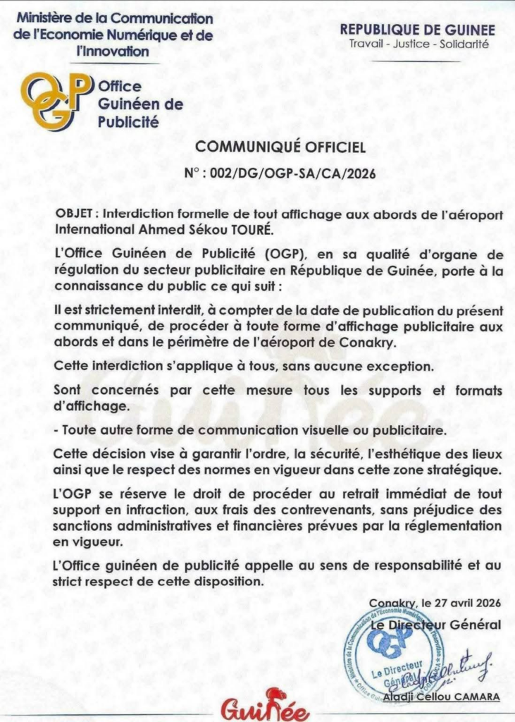 image-178-731x1024 Conakry (Guinée ) : L’OGP Interdit Strictement Tout Affichage aux Abords de l’Aéroport International de Conakry-Gbessia (Communiqué).