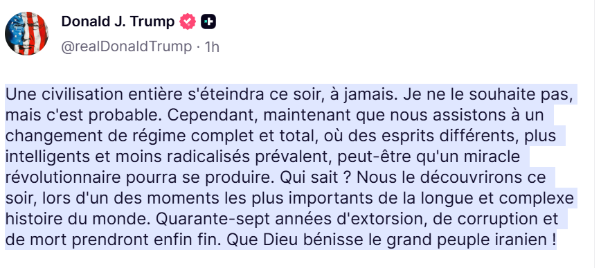 image-49 Monde /Menace Spectaculaire de Donald Trump : Un Avertissement Apocalyptique sur Truth Social.