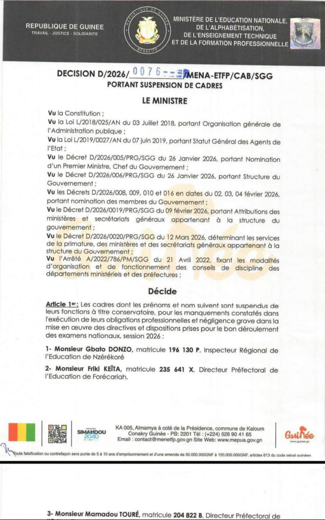 image-34-641x1024 Conakry (Guinée) /Session des examens nationaux 2026 : de lourdes sanctions professionnelles entraînent la suspension de quatre hauts cadres de l'Éducation.