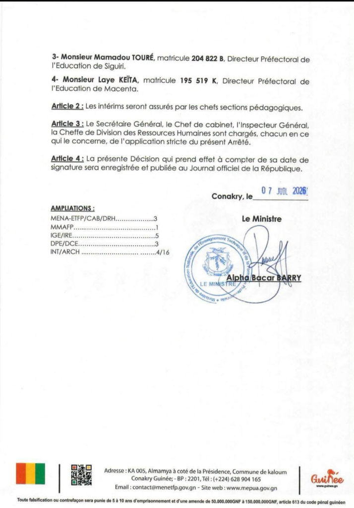 image-35-714x1024 Conakry (Guinée) /Session des examens nationaux 2026 : de lourdes sanctions professionnelles entraînent la suspension de quatre hauts cadres de l'Éducation.