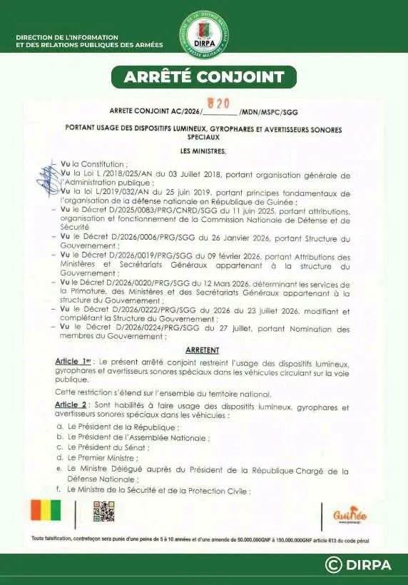 image-134 Conakry (Guinée)  : le gouvernement serre la vis sur l’utilisation des gyrophares et avertisseurs sonores spéciaux.