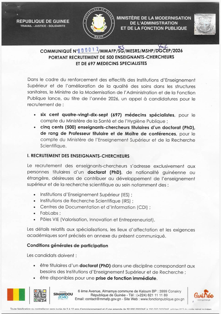 image-95-721x1024 Conakry (Guinée) : Le Gouvernement prévoit le recrutement de 500 enseignants-chercheurs ainsi que de 697 médecins spécialistes au cours de l'année 2026.