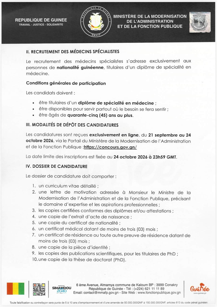image-96-725x1024 Conakry (Guinée) : Le Gouvernement prévoit le recrutement de 500 enseignants-chercheurs ainsi que de 697 médecins spécialistes au cours de l'année 2026.