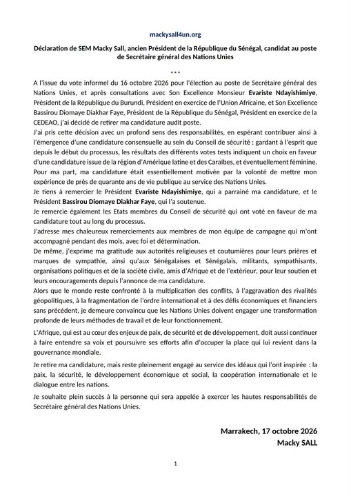 image-50 Succession à l’ONU : Retrait de candidature de Macky SALL après le vote indicatif d’octobre 2026.