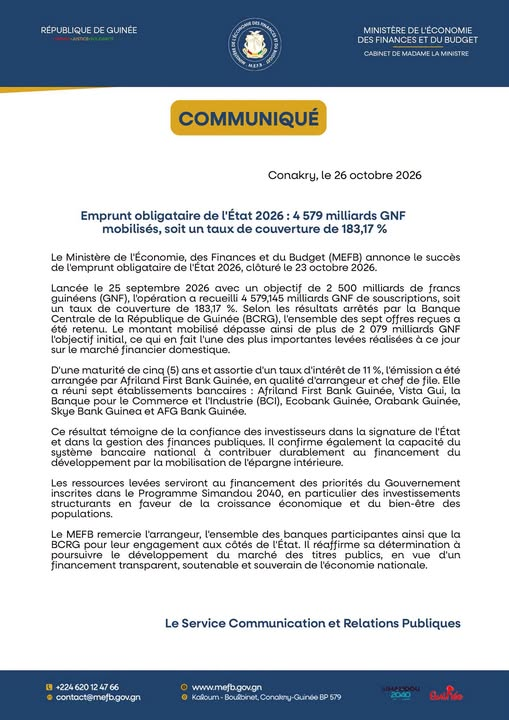 image-77 Conakry (Guinée) : Les souscriptions à l’emprunt obligataire émis par l’État franchissent le seuil des 4 579 milliards de GNF.